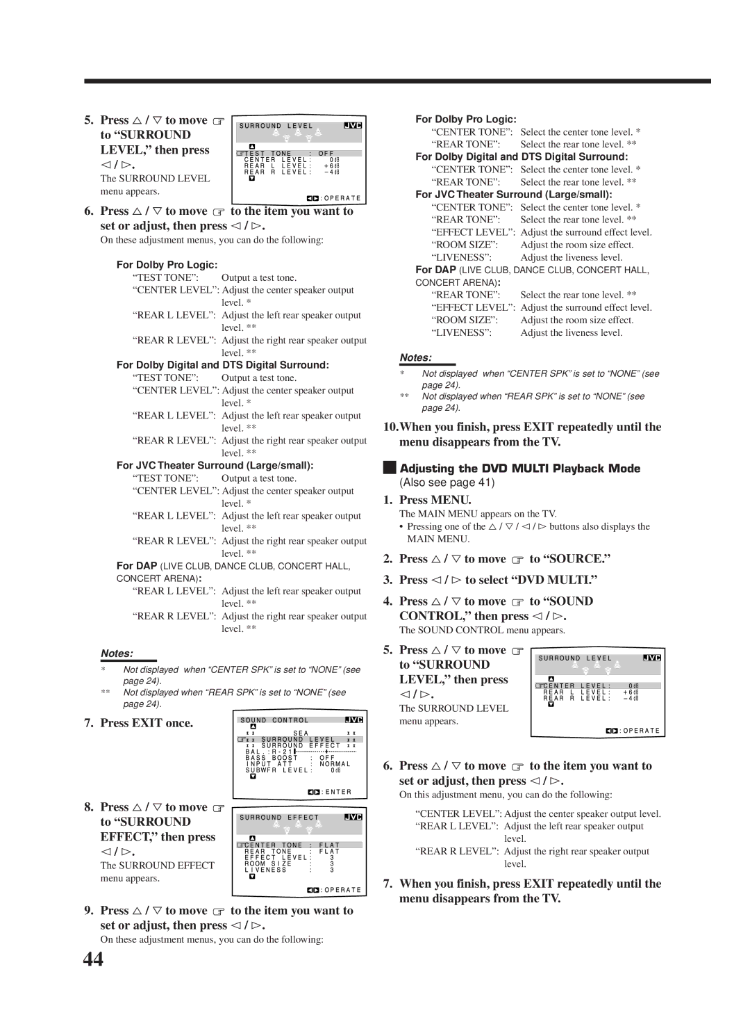 JVC RX-9000VBK manual Press %/ Þto move To Surround LEVEL, then press @/ #, Adjusting the DVD Multi Playback Mode 