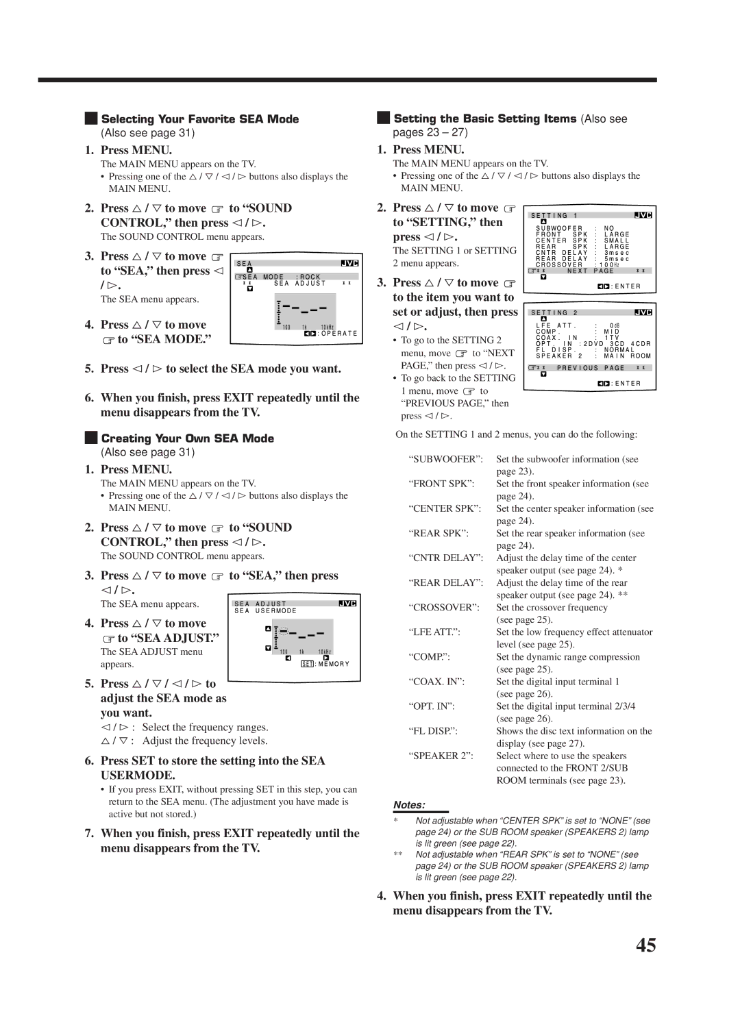 JVC RX-9000VBK manual Press %/ Þto move to SEA, then press @ / #, Press %/ Þ/ @/ #to adjust the SEA mode as you want 