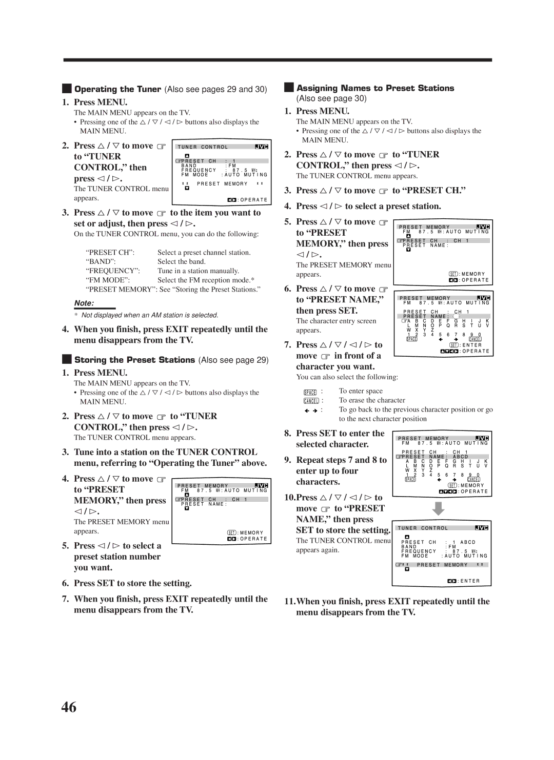 JVC RX-9000VBK manual Press %/ Þto move to Tuner CONTROL, then press @/ #, Press %/ Þto move To Preset Name Then press SET 