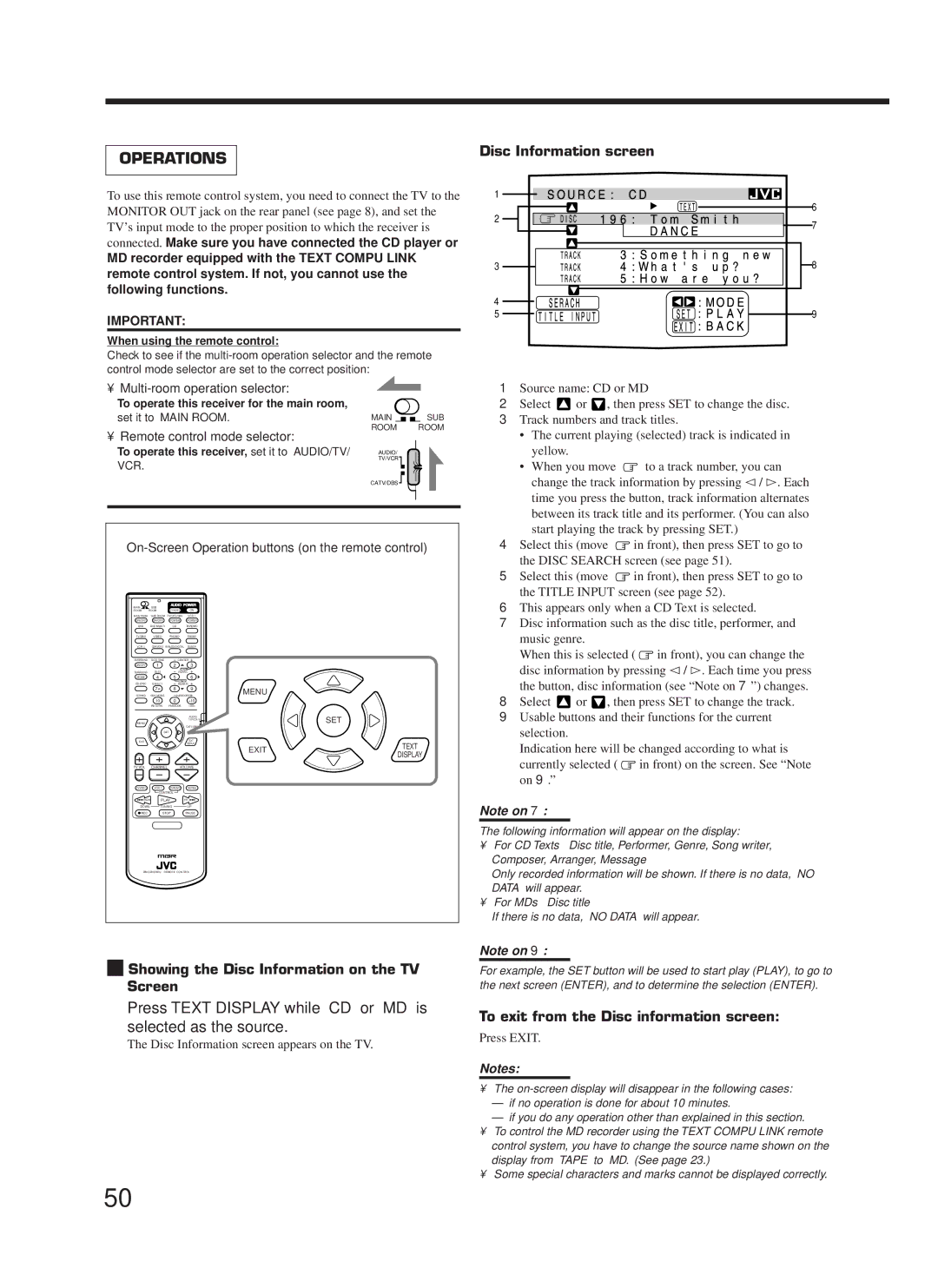 JVC RX-9000VBK manual Press Text Display while CD or MD is selected as the source, Disc Information screen 