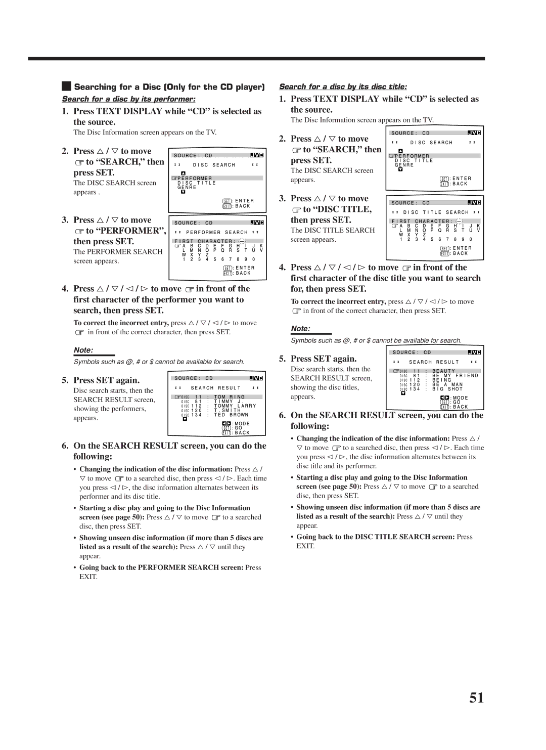 JVC RX-9000VBK manual Press Text Display while CD is selected as the source, Press %/ Þto move To SEARCH, then Press SET 