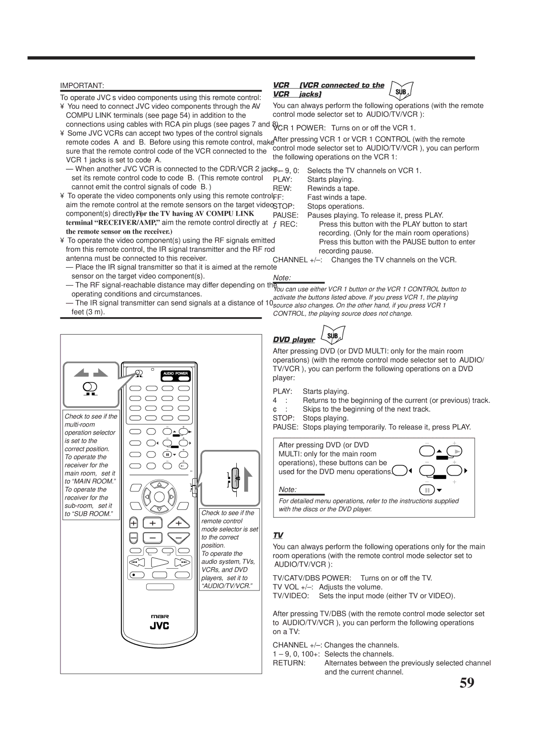 JVC RX-9000VBK manual VCR 1 VCR connected to VCR 1 jacks, DVD player, Multi only for the main room 
