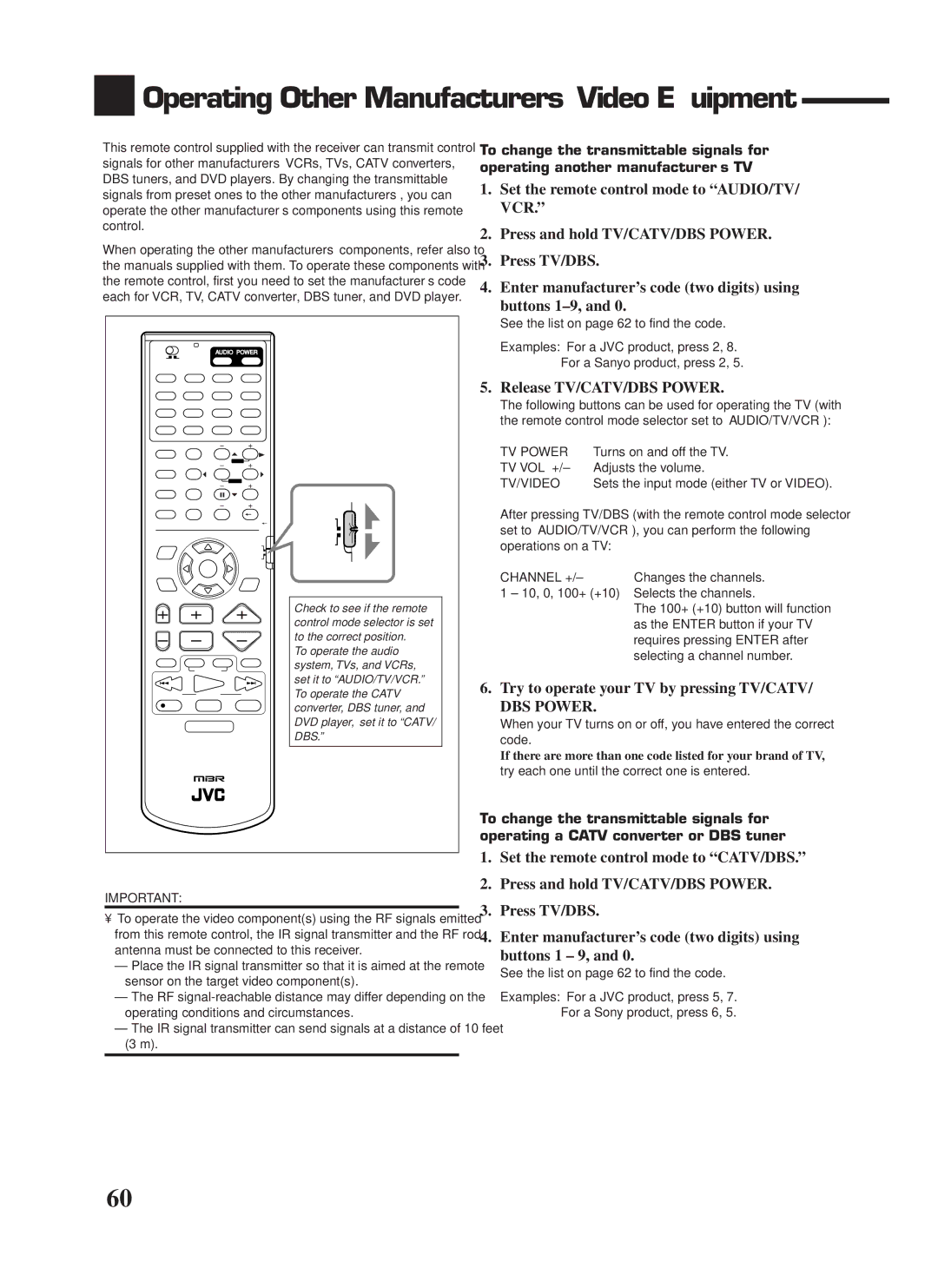 JVC RX-9000VBK manual Operating Other Manufacturers’ Video Equipment, Release TV/CATV/DBS Power 