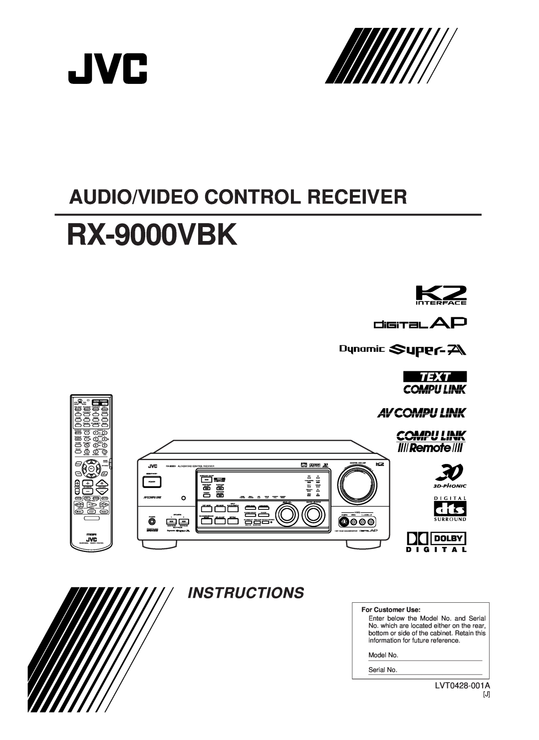JVC RX-9000VBK manual Audio/Video Control Receiver, Instructions, D I G I T A L, For Customer Use, Model No Serial No 