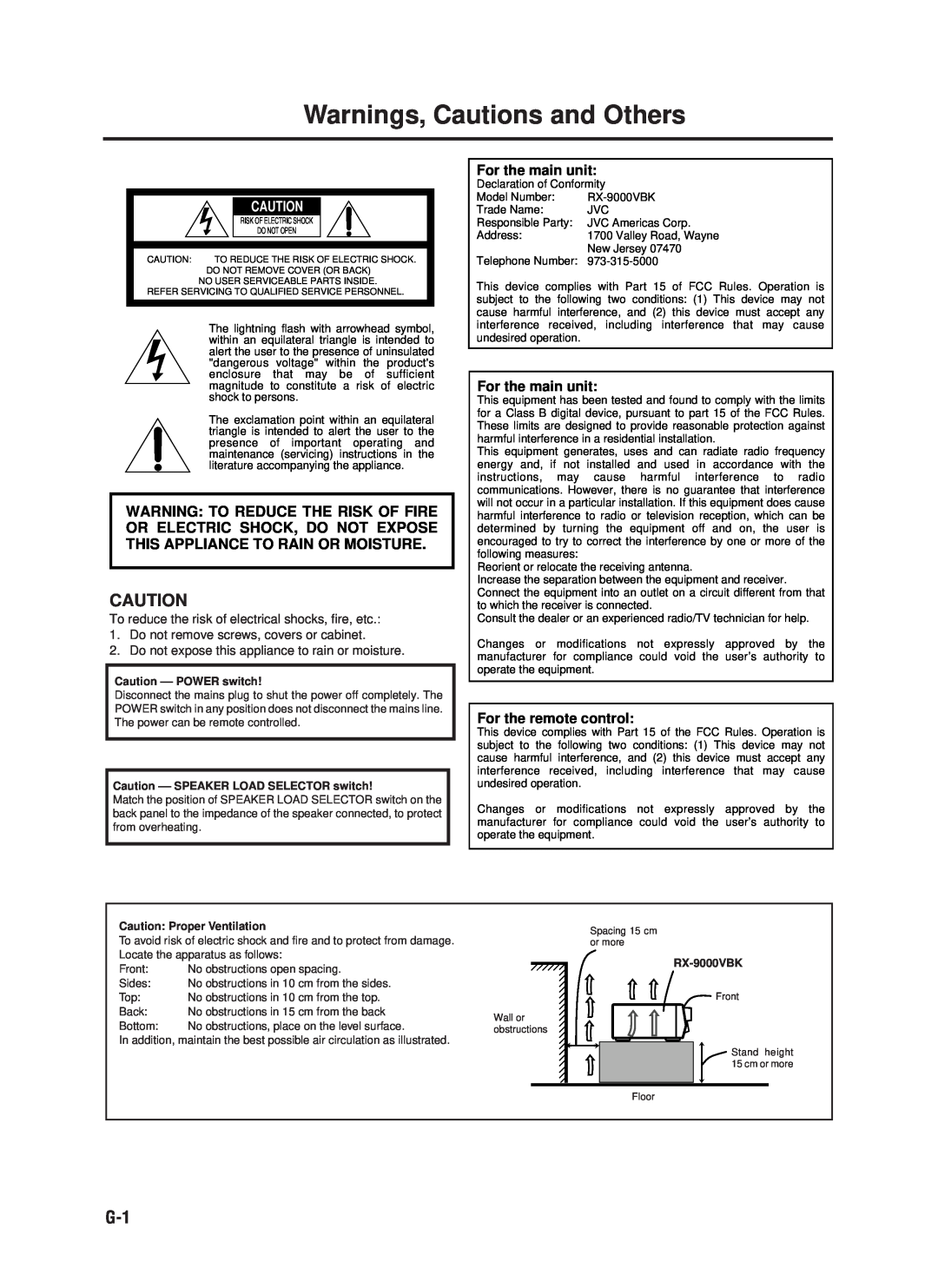 JVC RX-9000VBK manual Warnings, Cautions and Others, For the main unit, For the remote control, Caution ––POWER switch 