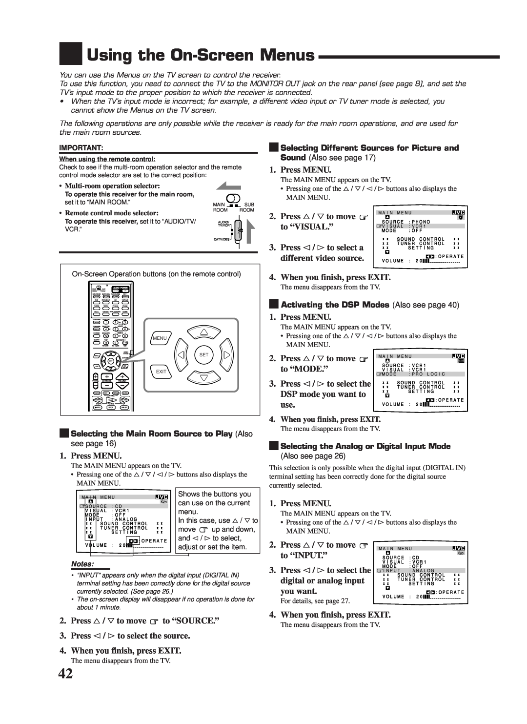 JVC RX-9000VBK manual Using the On-ScreenMenus 
