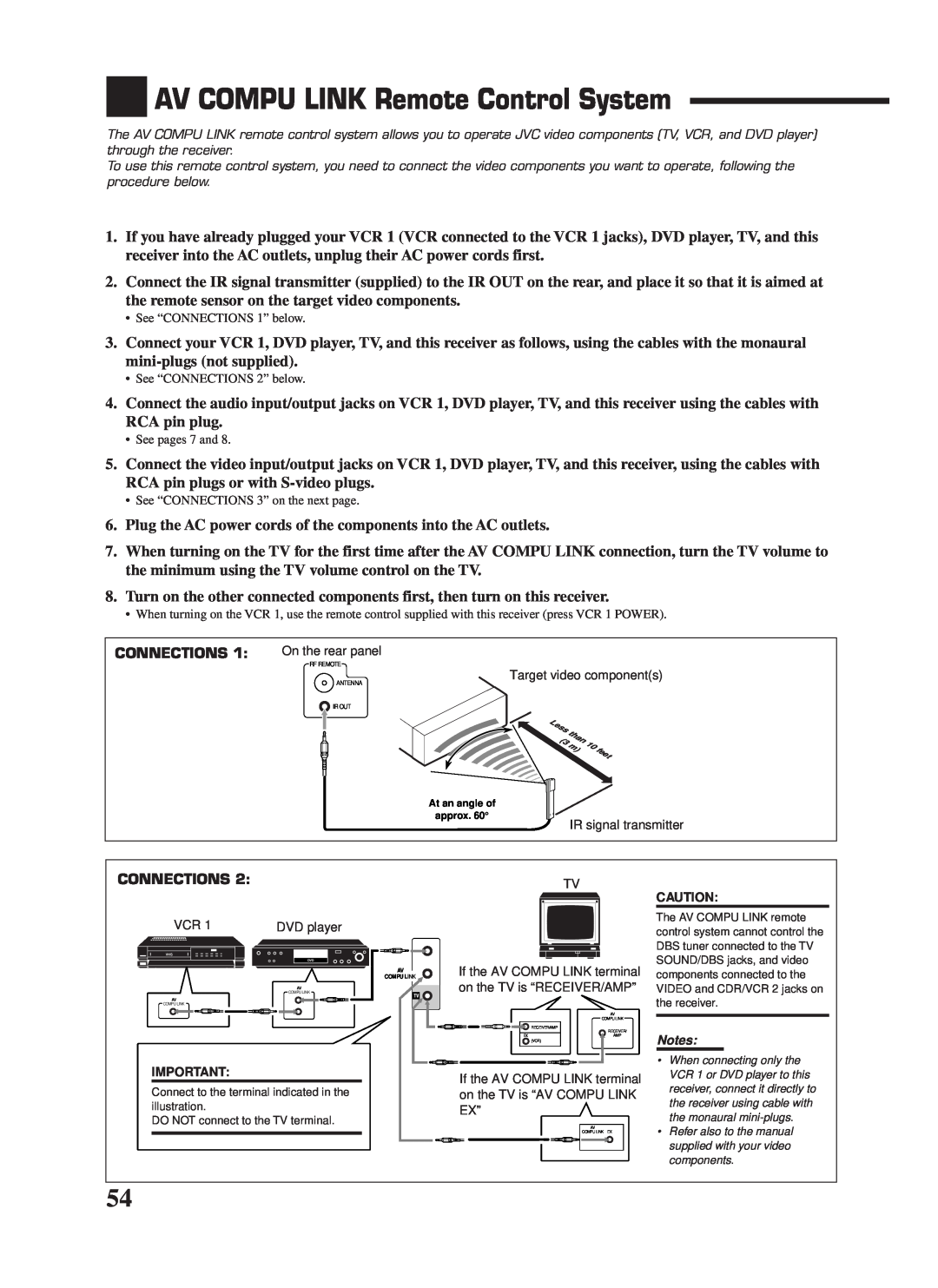 JVC RX-9000VBK manual AV COMPU LINK Remote Control System, Connections 