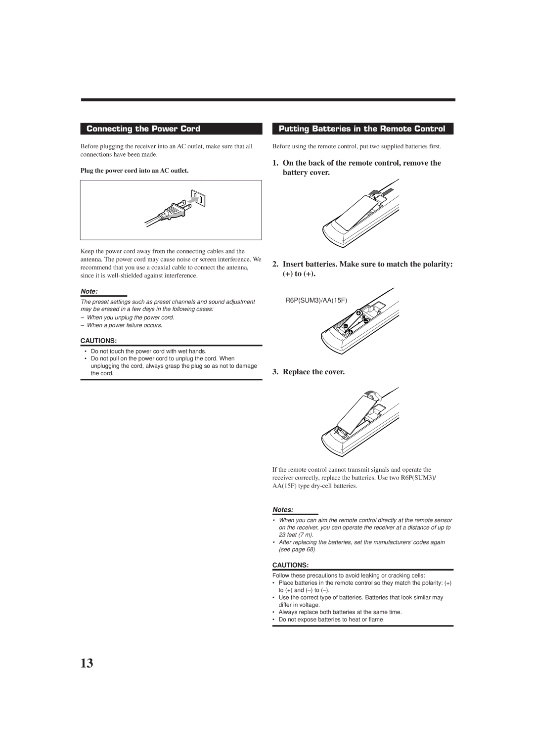 JVC RX-9010VBK manual Connecting the Power Cord, Putting Batteries in the Remote Control, Replace the cover, R6PSUM3/AA15F 