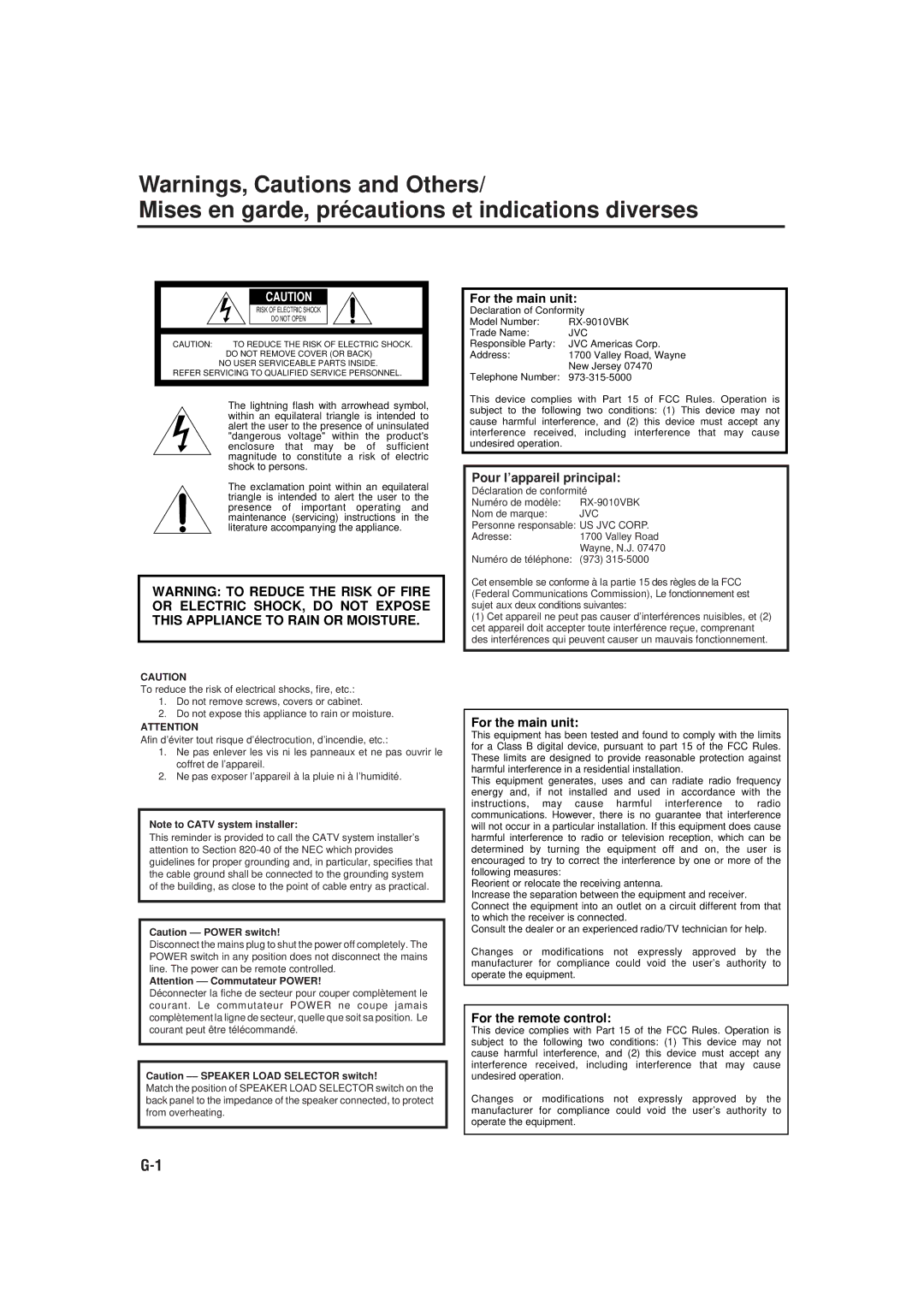 JVC RX-9010VBK manual Mises en garde, précautions et indications diverses 