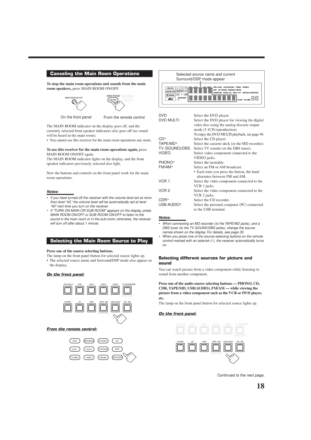 JVC RX-9010VBK manual Canceling the Main Room Operations, Selecting the Main Room Source to Play 