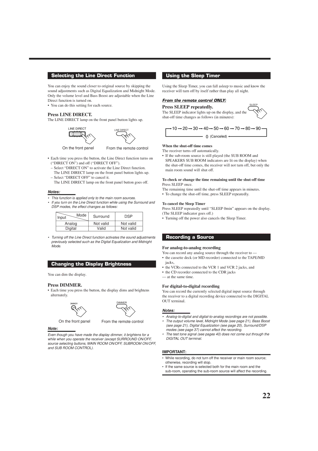 JVC RX-9010VBK manual Selecting the Line Direct Function Using the Sleep Timer, Changing the Display Brightness 