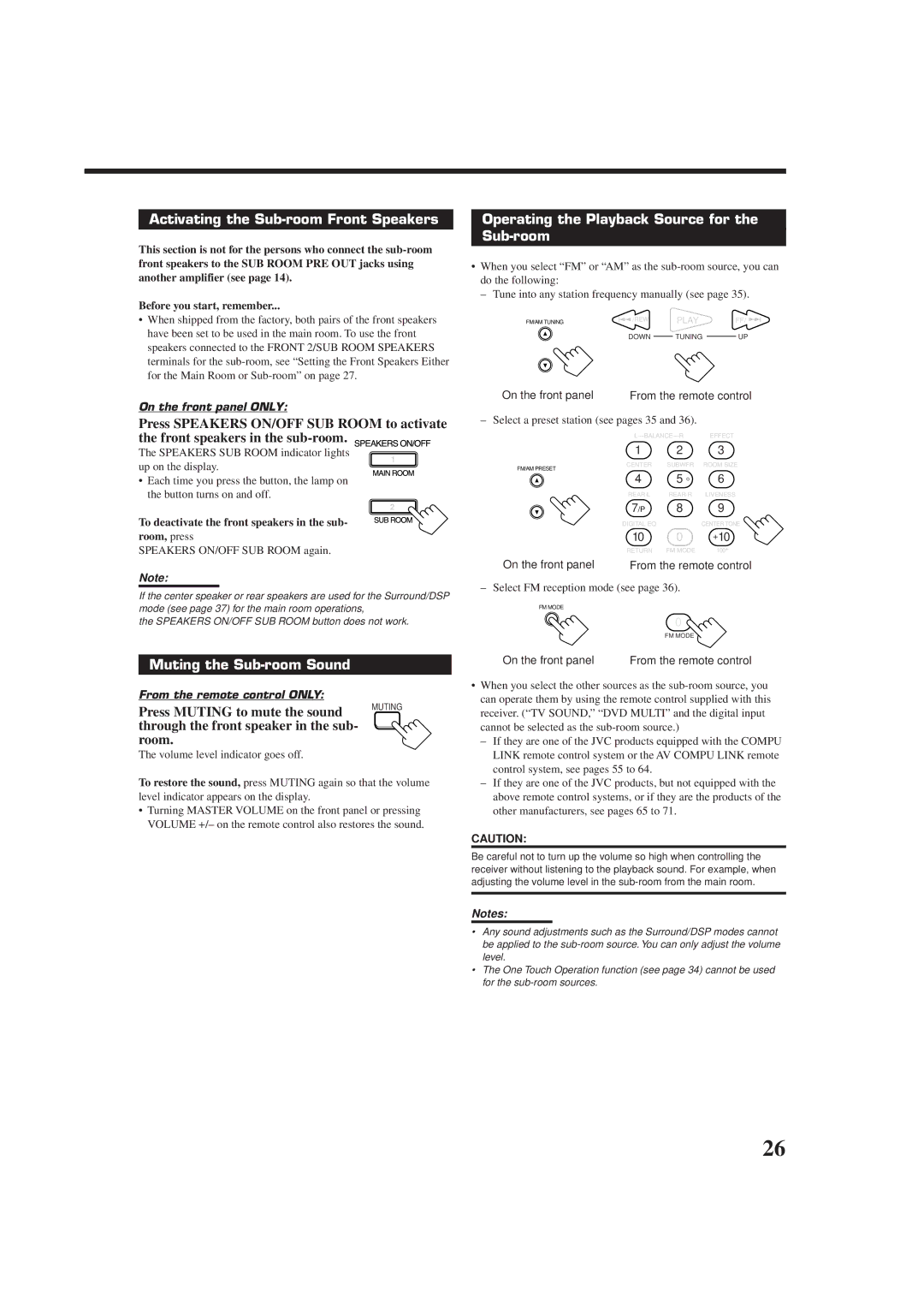 JVC RX-9010VBK manual Activating the Sub-room Front Speakers, Muting the Sub-room Sound 