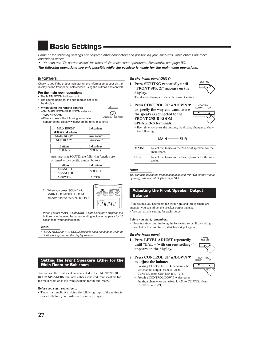 JVC RX-9010VBK manual Basic Settings, Press Control UP 5/DOWN Control, Adjusting the Front Speaker Output Balance 