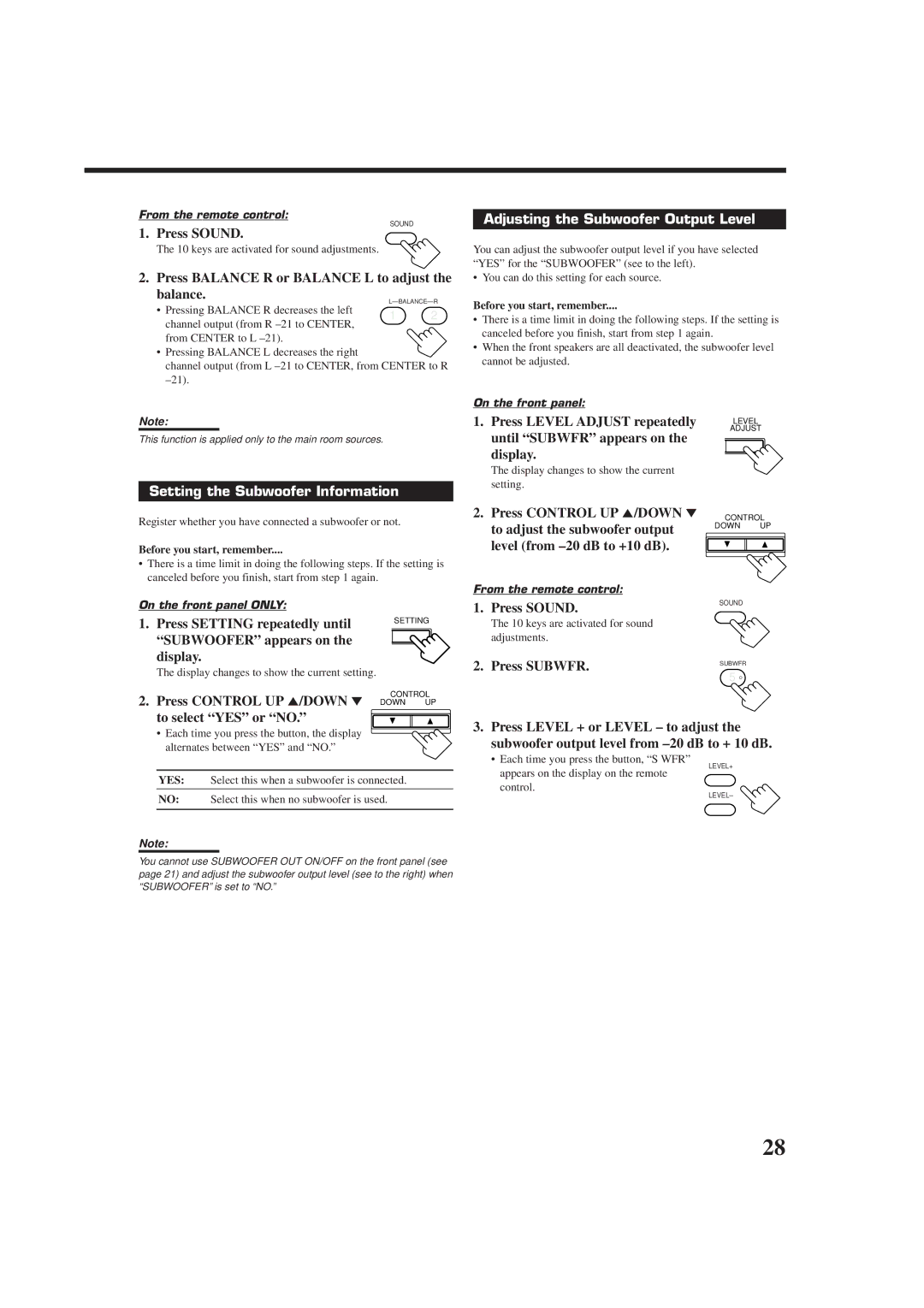 JVC RX-9010VBK manual Adjusting the Subwoofer Output Level, Setting the Subwoofer Information 