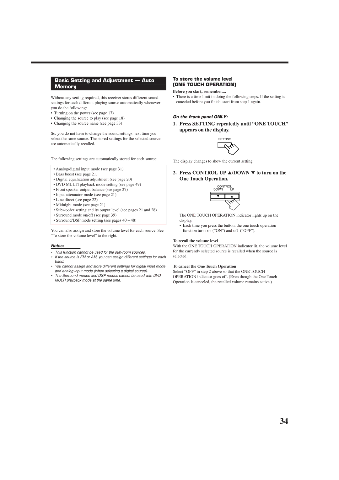 JVC RX-9010VBK manual Basic Setting and Adjustment Auto Memory, Press Control UP 5/DOWN to turn on One Touch Operation 