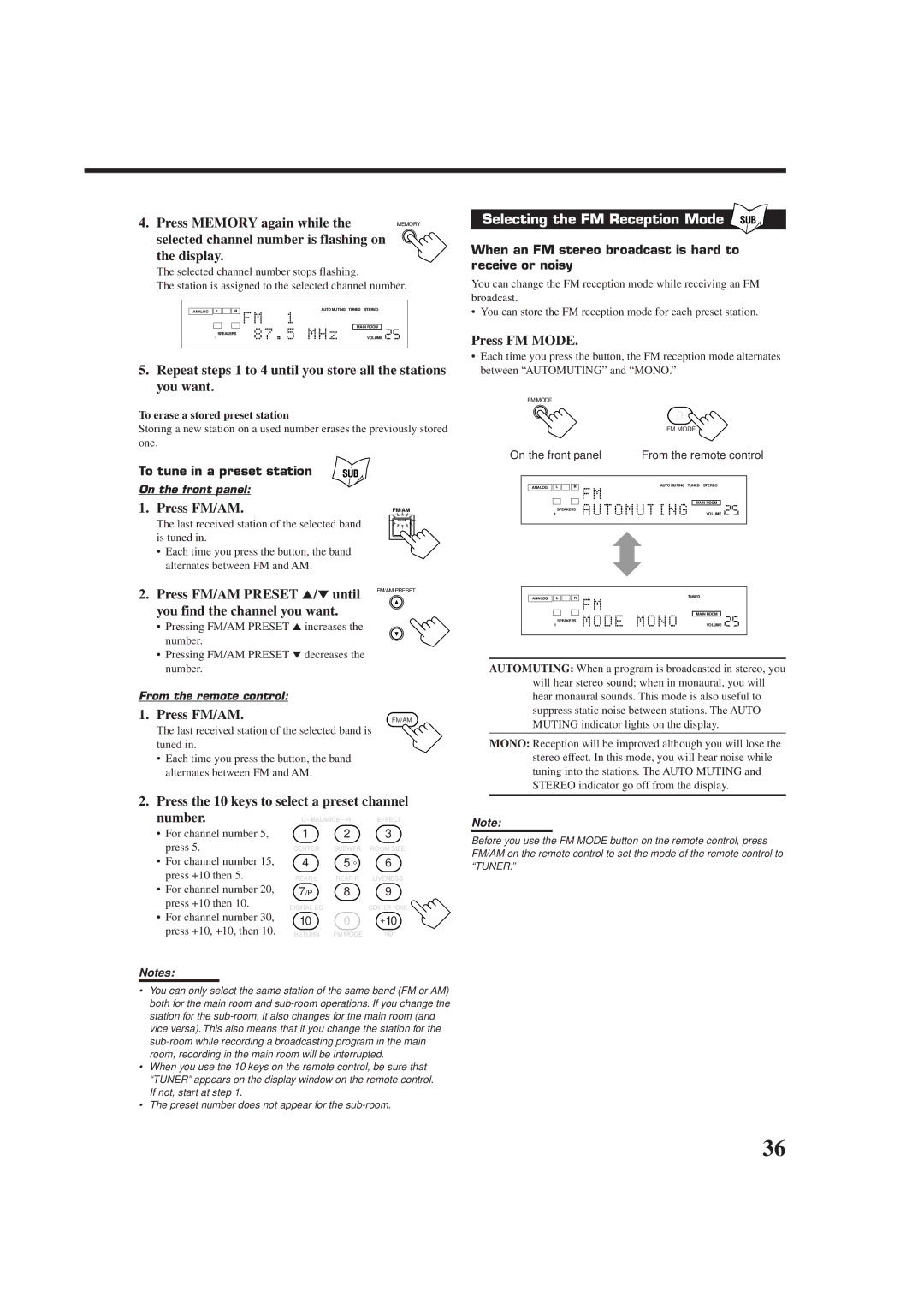 JVC RX-9010VBK manual Selecting the FM Reception Mode 