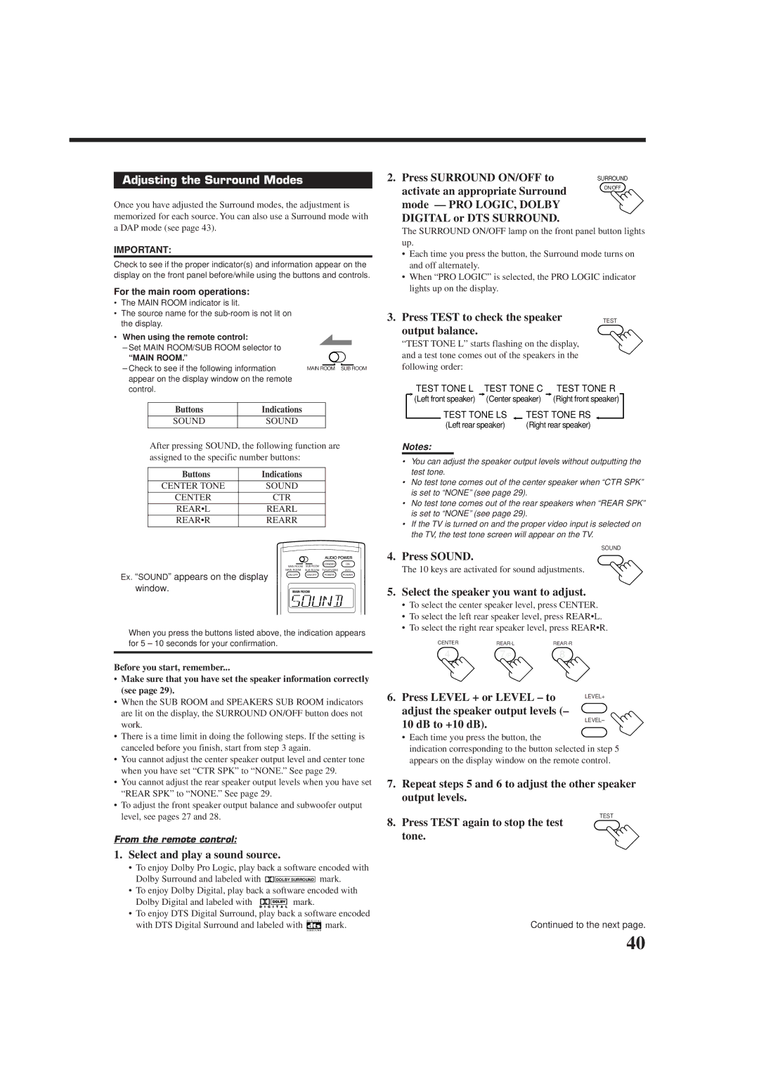 JVC RX-9010VBK manual Adjusting the Surround Modes 