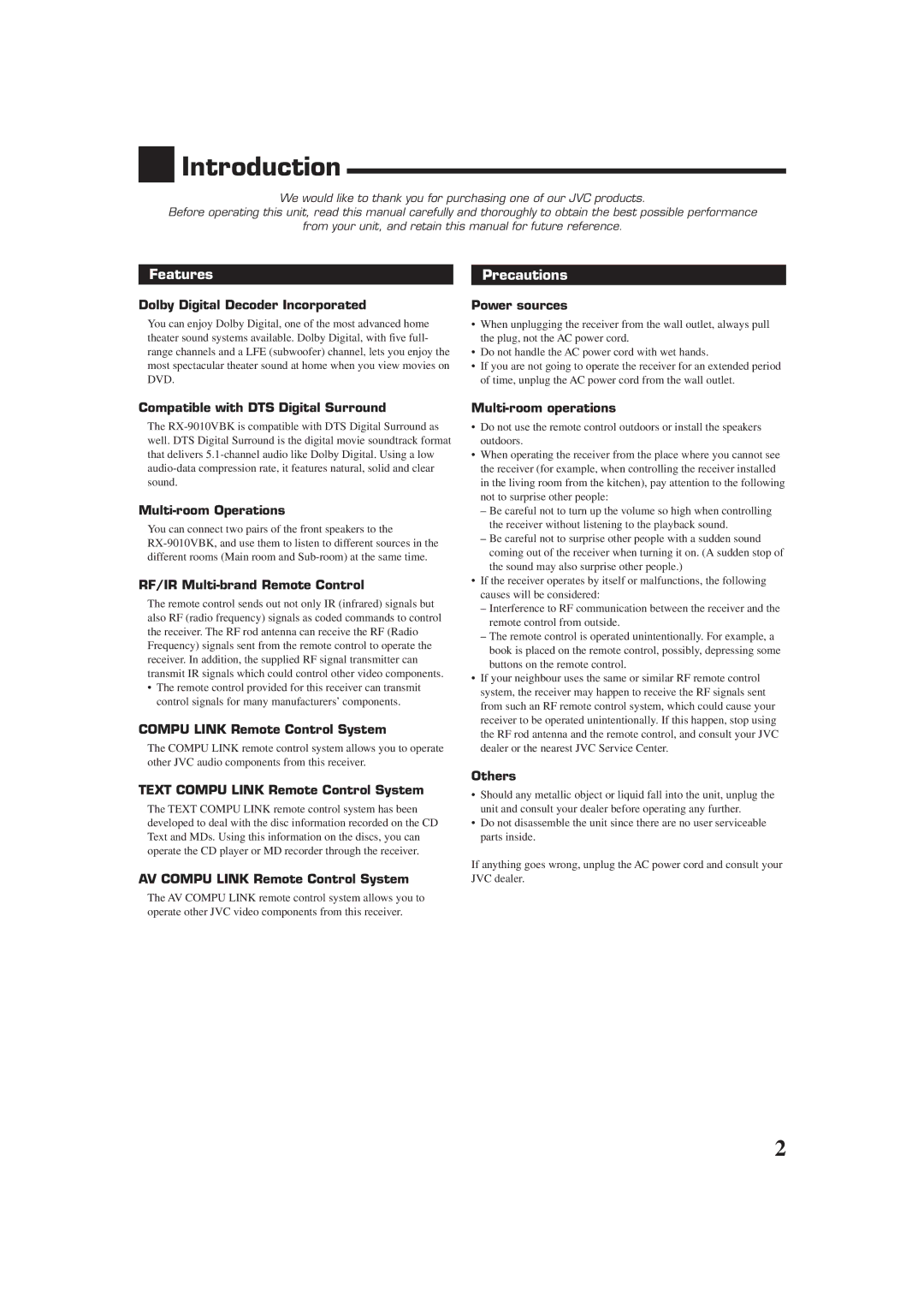 JVC RX-9010VBK manual Introduction, Features Precautions 