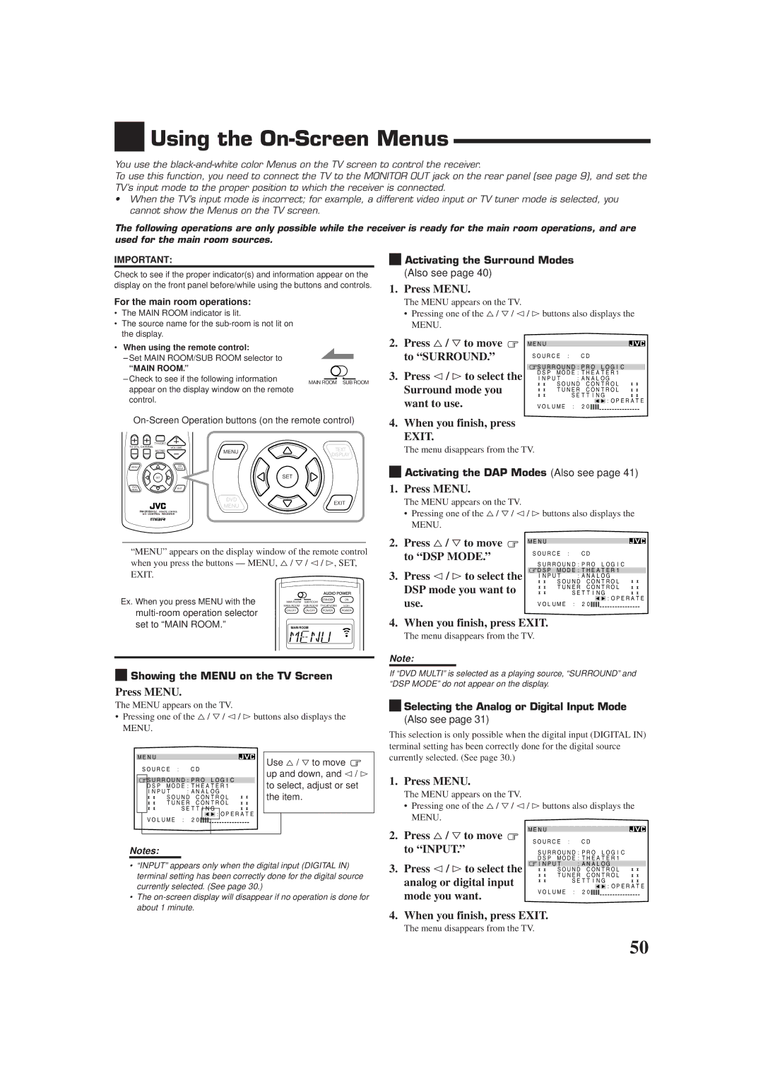 JVC RX-9010VBK manual Using the On-Screen Menus 