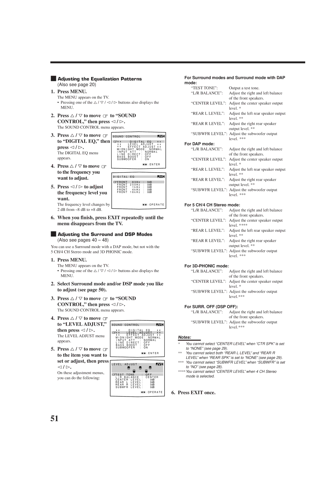 JVC RX-9010VBK manual Press %/ Þto move to Sound CONTROL, then press @/ #, Press @/ #, Want, Then press @/ #, @ / # 