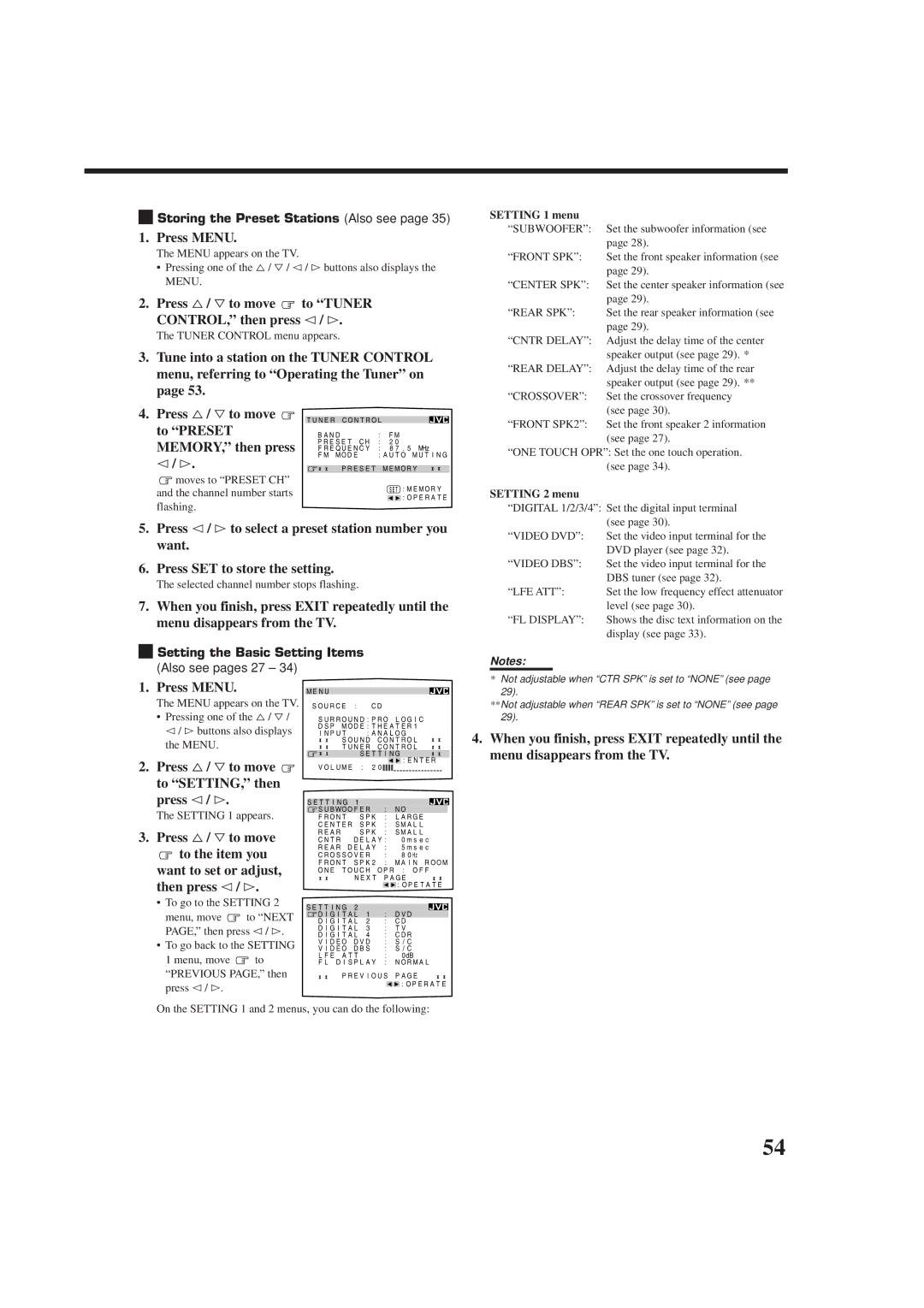 JVC RX-9010VBK manual Press %/ Þto move to Tuner CONTROL, then press @/ #, Press %/ Þto move to SETTING, then press @/ # 