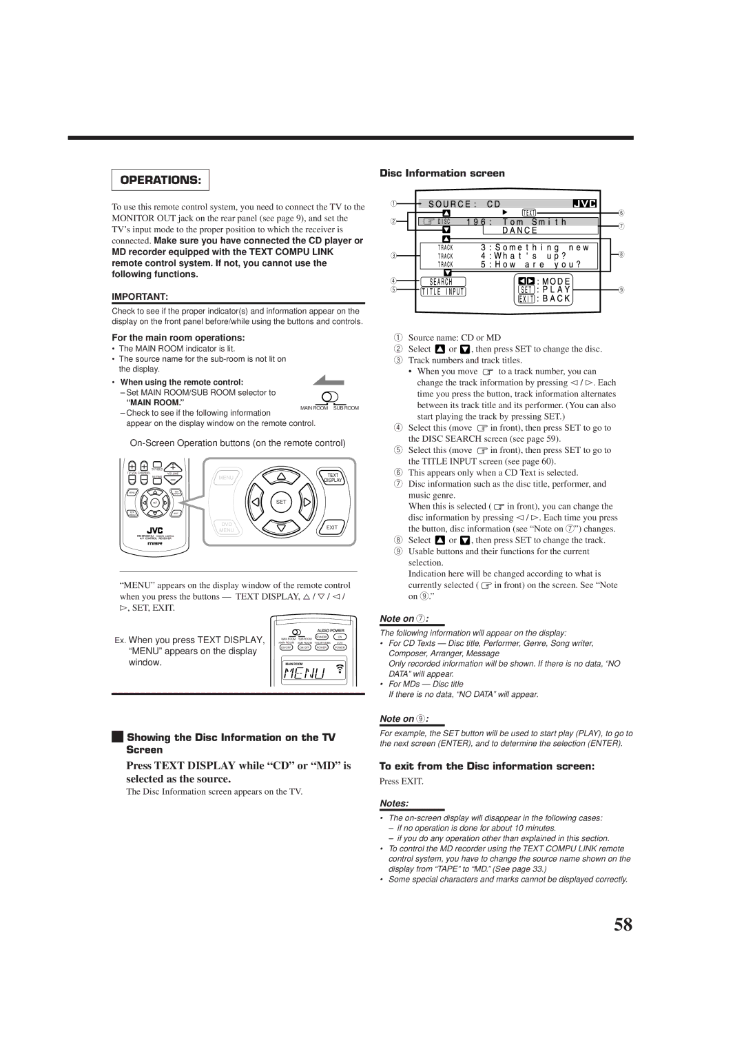 JVC RX-9010VBK manual Press Text Display while CD or MD is selected as the source, Disc Information screen 