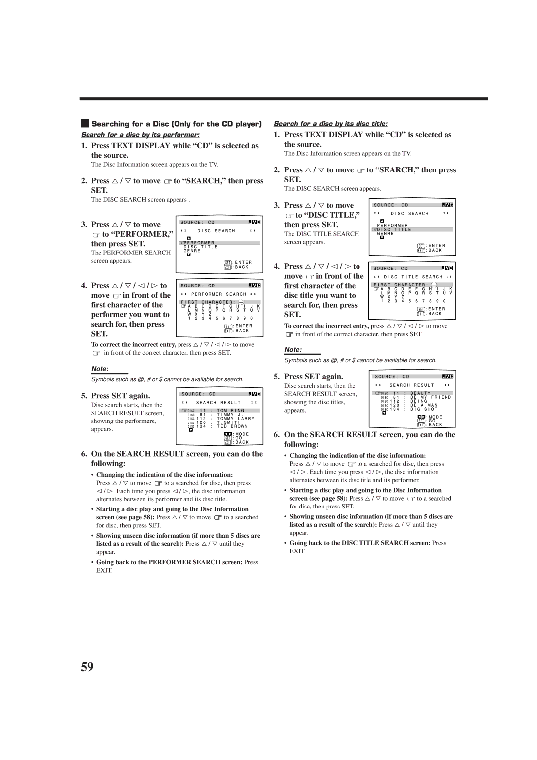 JVC RX-9010VBK manual Press Text Display while CD is selected as the source, Press %/ Þto move to SEARCH, then press 