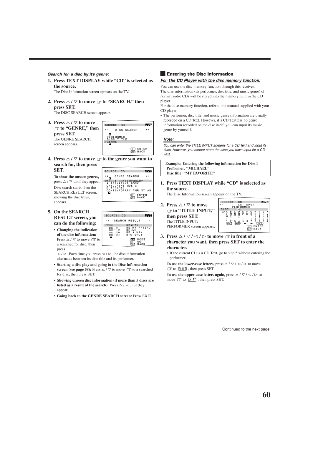 JVC RX-9010VBK manual Press %/ Þto move to SEARCH, then press SET, Press %/ Þto move To GENRE, then Press SET 