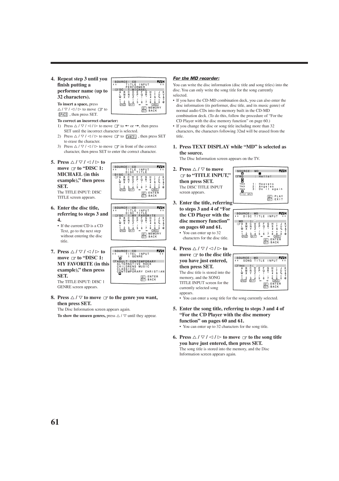 JVC RX-9010VBK Press %/ Þto move to the genre you want, then press SET, Press %/ Þto move to Title Input Then press SET 