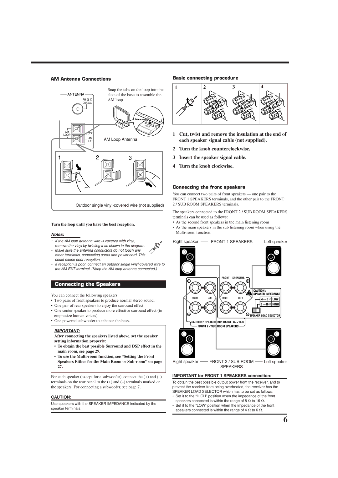 JVC RX-9010VBK Connecting the Speakers, AM Antenna Connections, Basic connecting procedure, Connecting the front speakers 