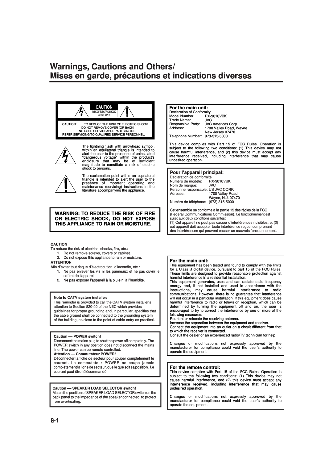 JVC RX-9010VBK manual Warnings, Cautions and Others, For the main unit, Pour l’appareil principal, For the remote control 