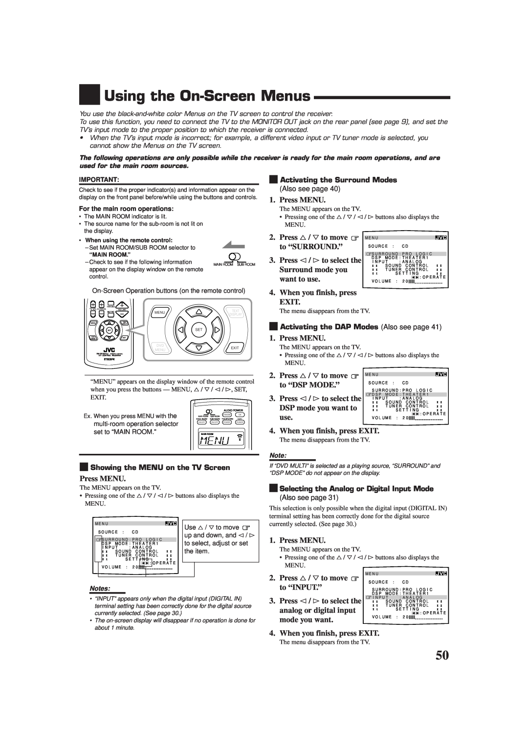 JVC RX-9010VBK manual Using the On-ScreenMenus 