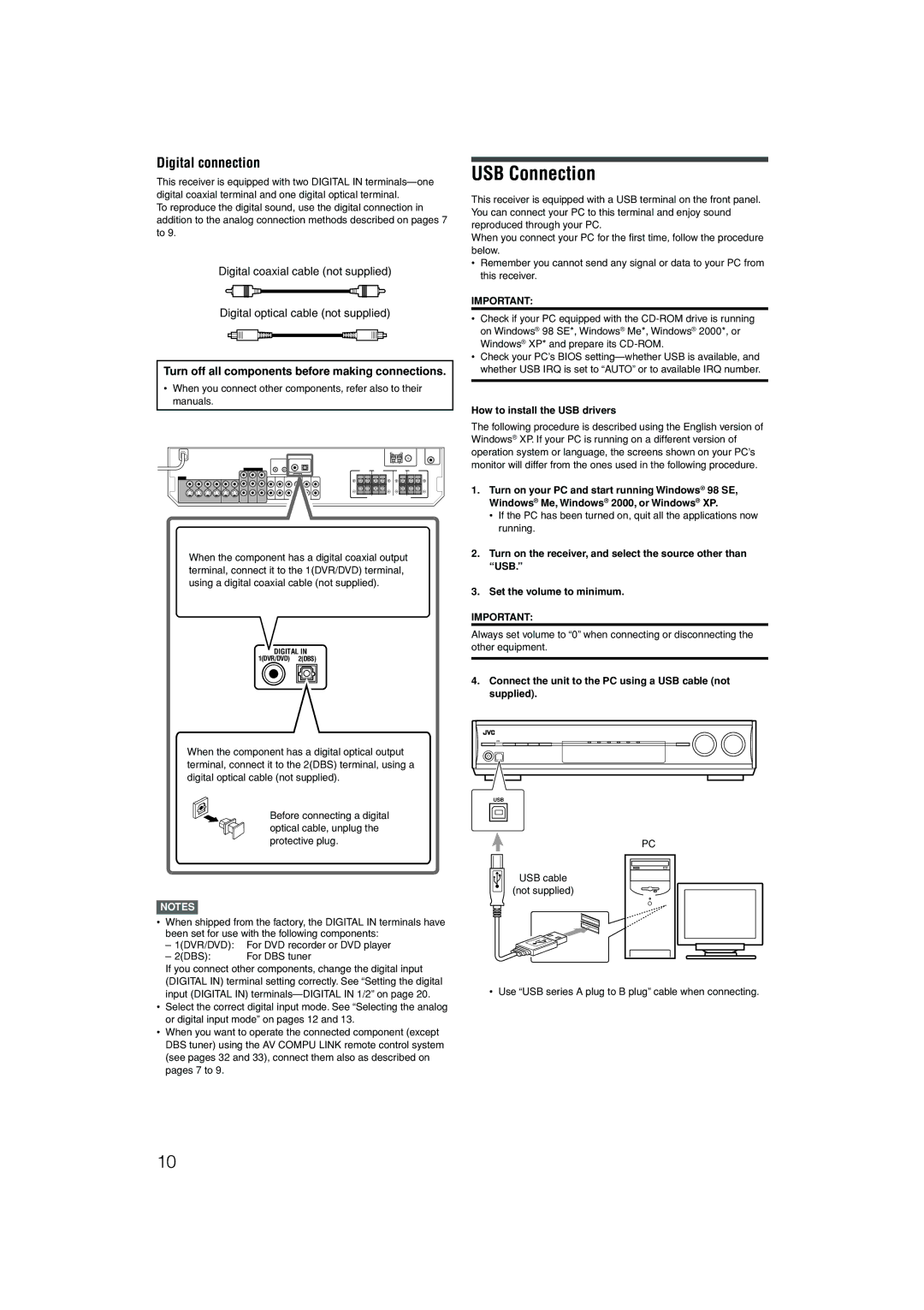 JVC RX-D201S, RX-D202B manual USB Connection, Digital connection, How to install the USB drivers 