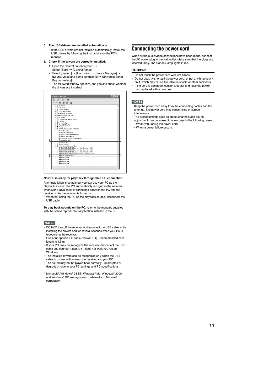 JVC RX-D202B, RX-D201S manual Connecting the power cord, USB drivers are installed automatically 