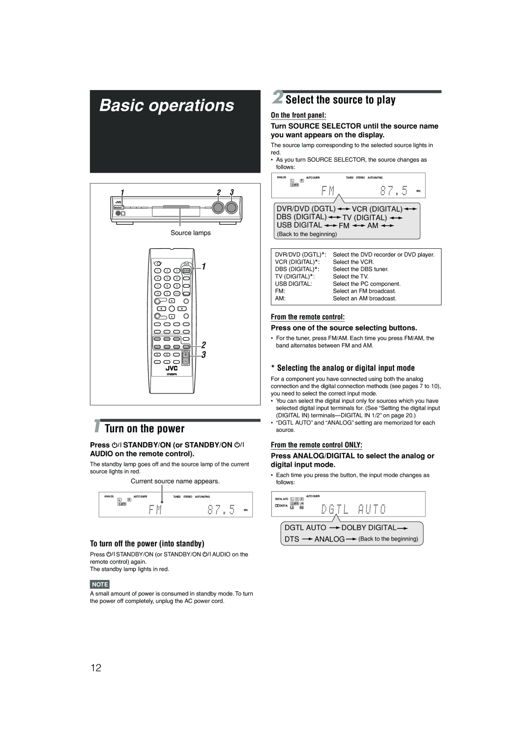 JVC RX-D201S Basic operations, Turn on the power, Select the source to play, Selecting the analog or digital input mode 