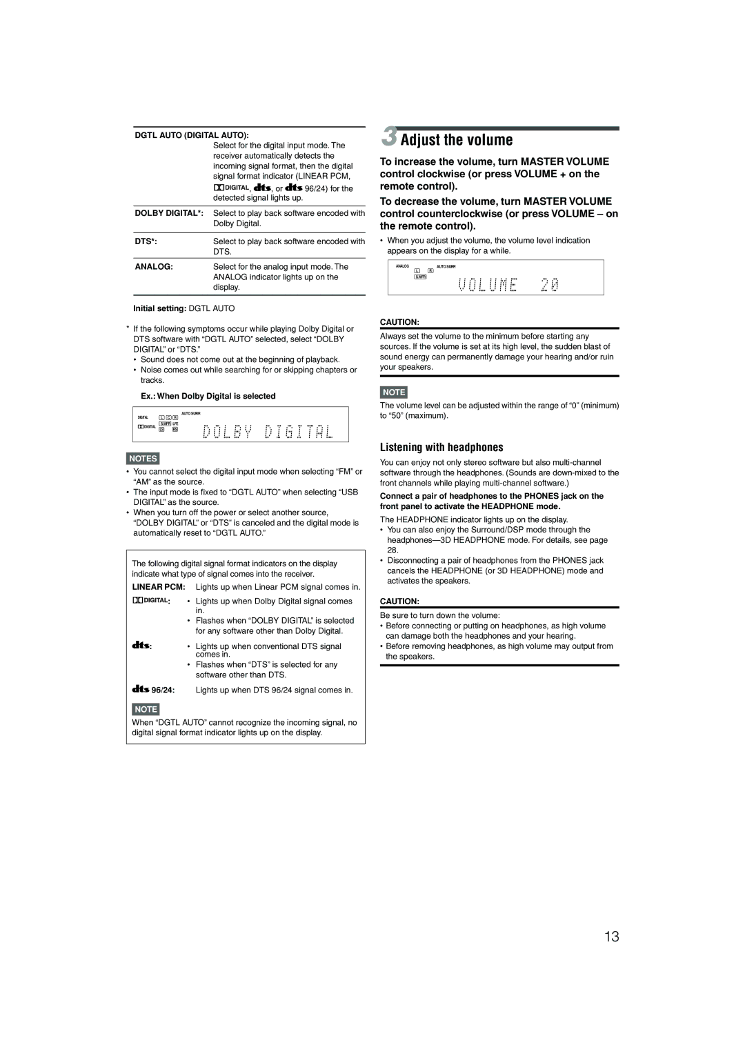 JVC RX-D202B, RX-D201S Adjust the volume, Listening with headphones, Dgtl Auto Digital Auto, Initial setting Dgtl Auto 