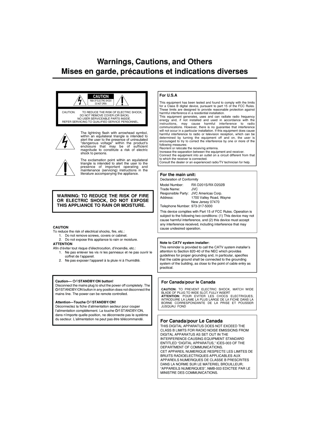 JVC RX-D201S, RX-D202B manual For Canada/pour Le Canada, For the main unit, For Canada/pour le Canada, For U.S.A 