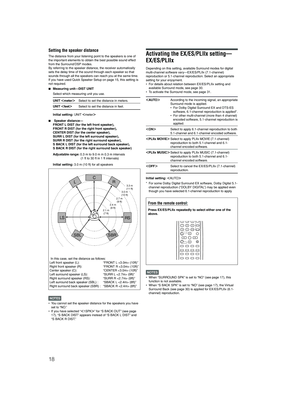 JVC RX-D201S Activating the EX/ES/PLIIx setting- EX/ES/PLIIx, Setting the speaker distance, From the remote control, Auto 