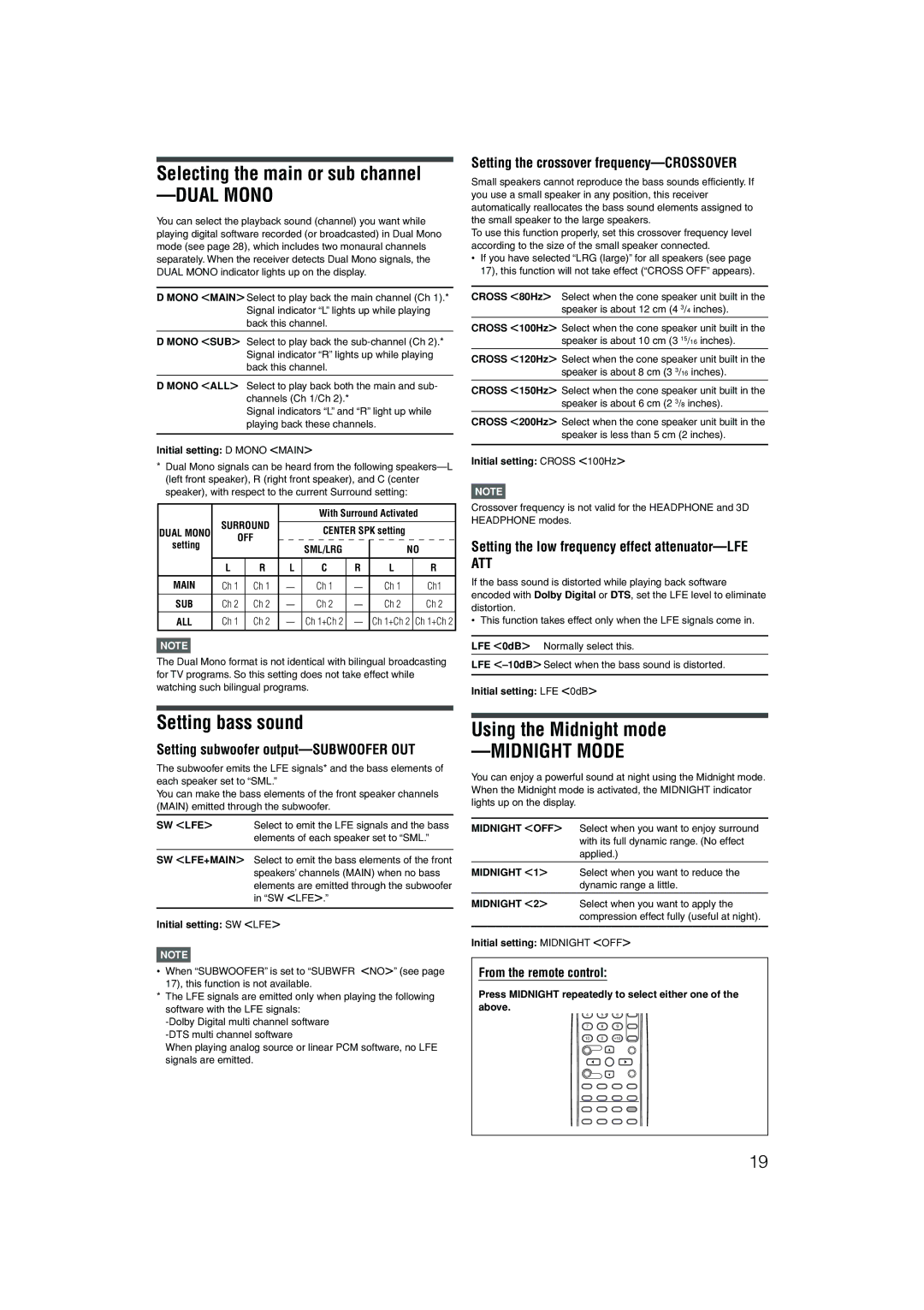 JVC RX-D202B, RX-D201S manual Selecting the main or sub channel, Setting bass sound, Using the Midnight mode 