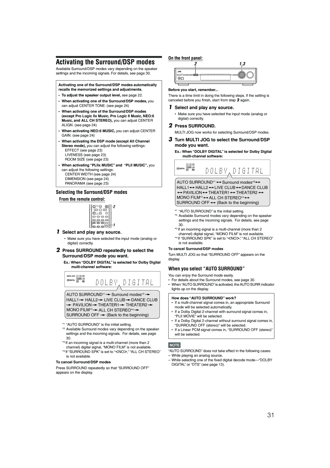 JVC RX-D202B, RX-D201S manual Selecting the Surround/DSP modes, When you select Auto Surround 