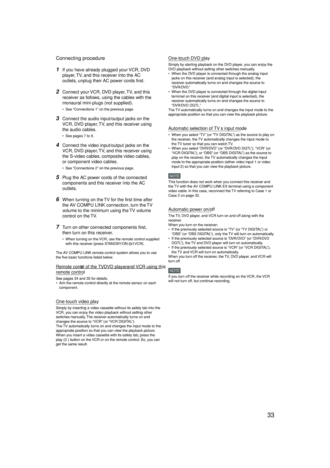 JVC RX-D202B manual Connecting procedure, One-touch video play, One-touch DVD play, Automatic selection of TV’s input mode 