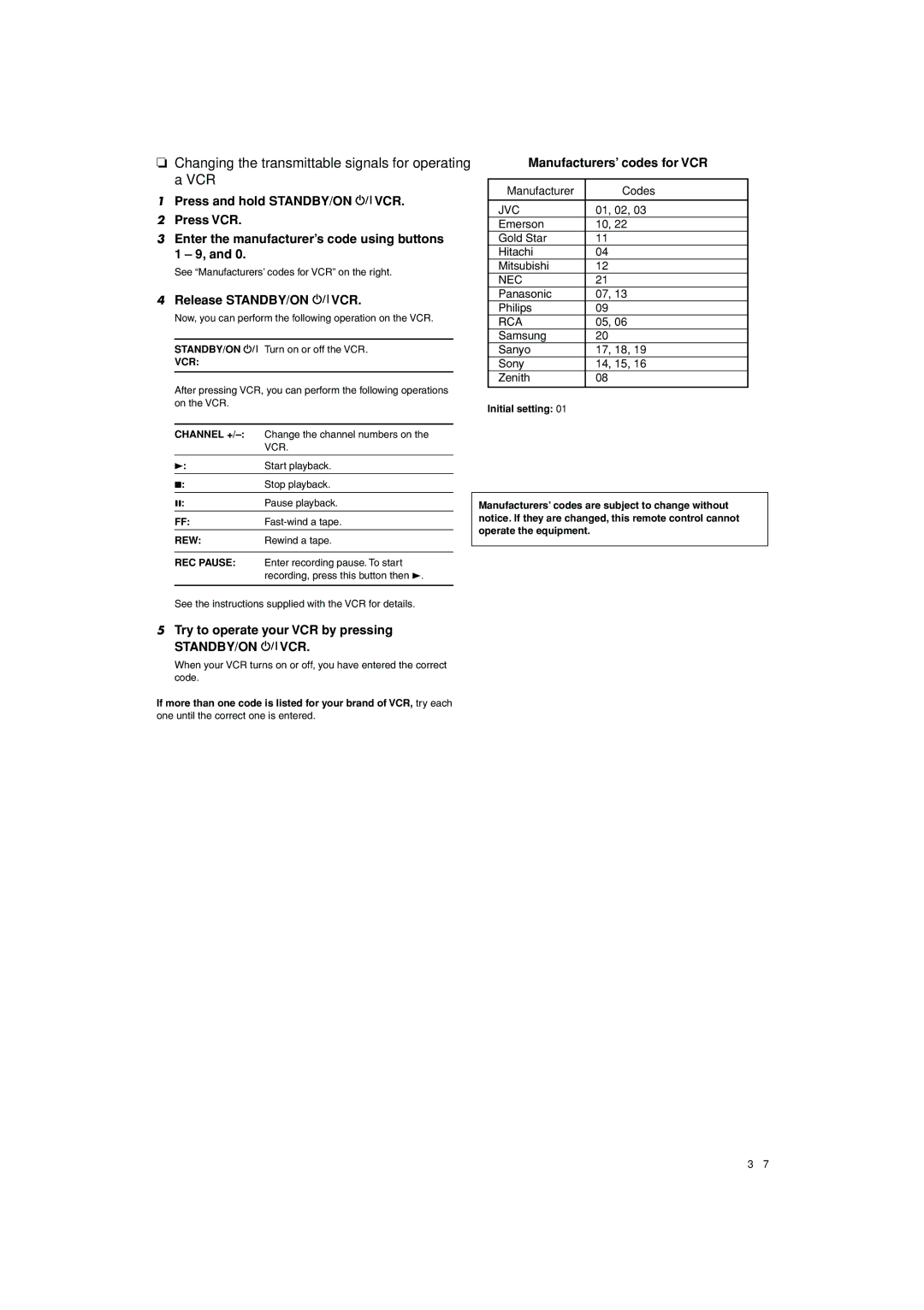 JVC RX-D202B Changing the transmittable signals for operating a VCR, Release STANDBY/ON VCR, Manufacturers’ codes for VCR 