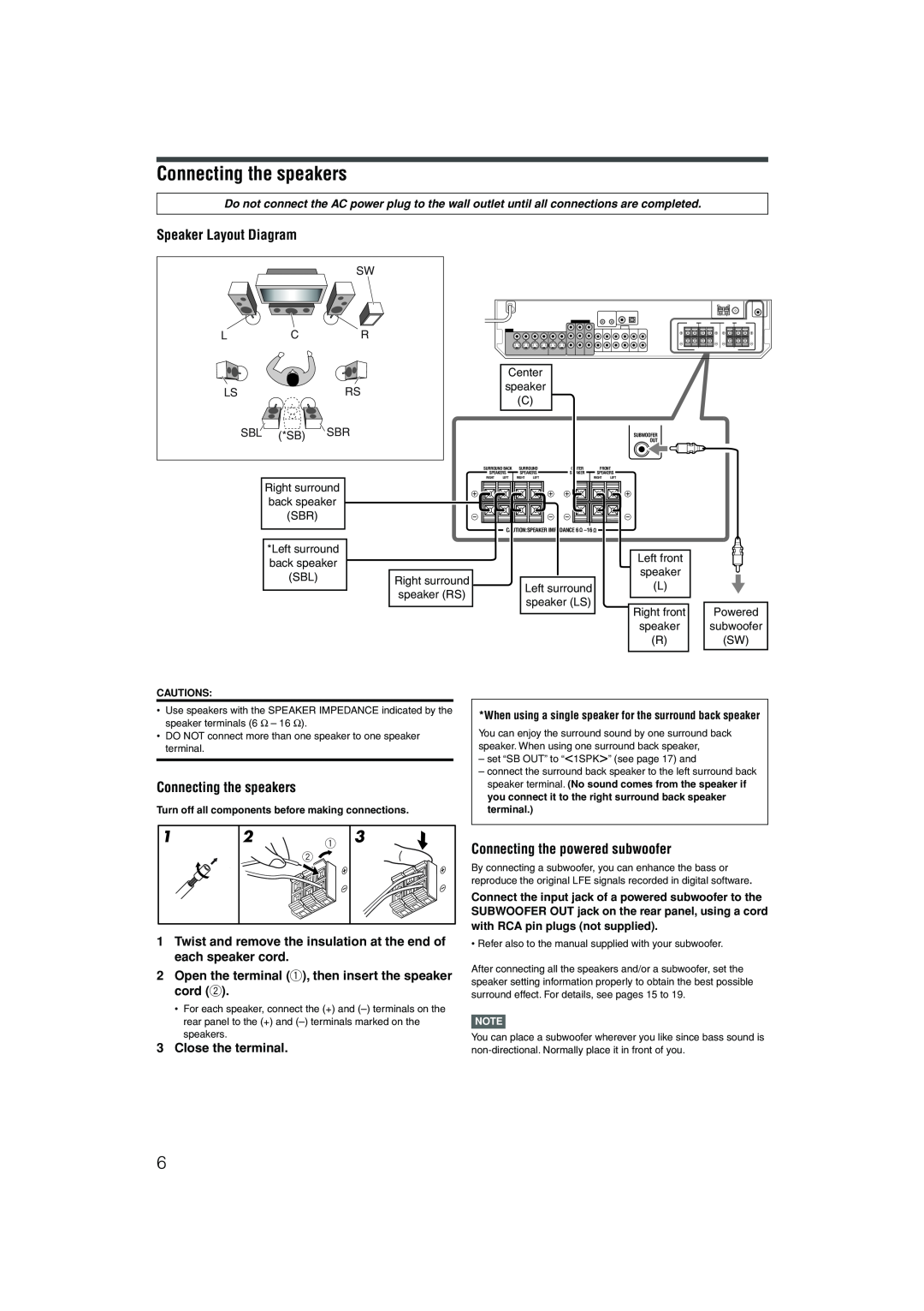 JVC RX-D201S manual Connecting the speakers, Speaker Layout Diagram, Connecting the powered subwoofer, Close the terminal 