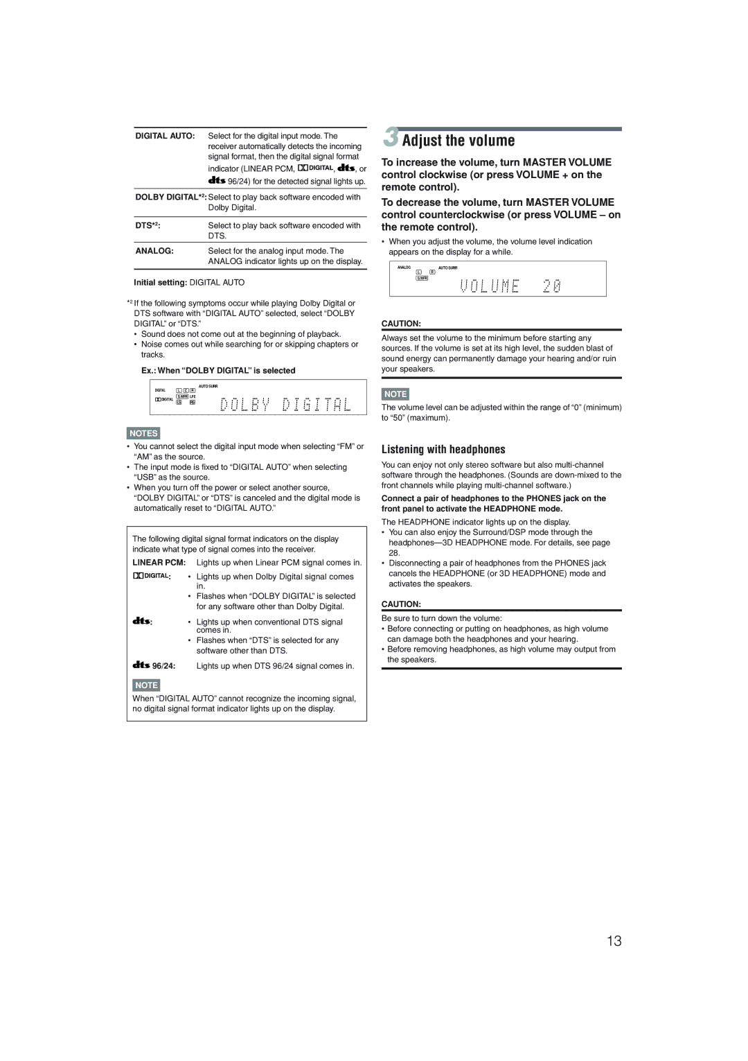 JVC RX-D205S, RX-D206B manual Adjust the volume, Listening with headphones, Initial setting Digital Auto 