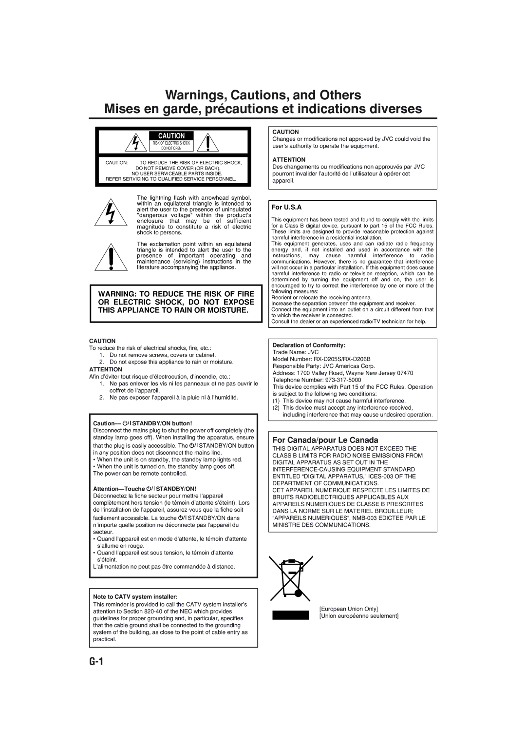 JVC RX-D206B, RX-D205S manual For Canada/pour Le Canada, For U.S.A, Declaration of Conformity 