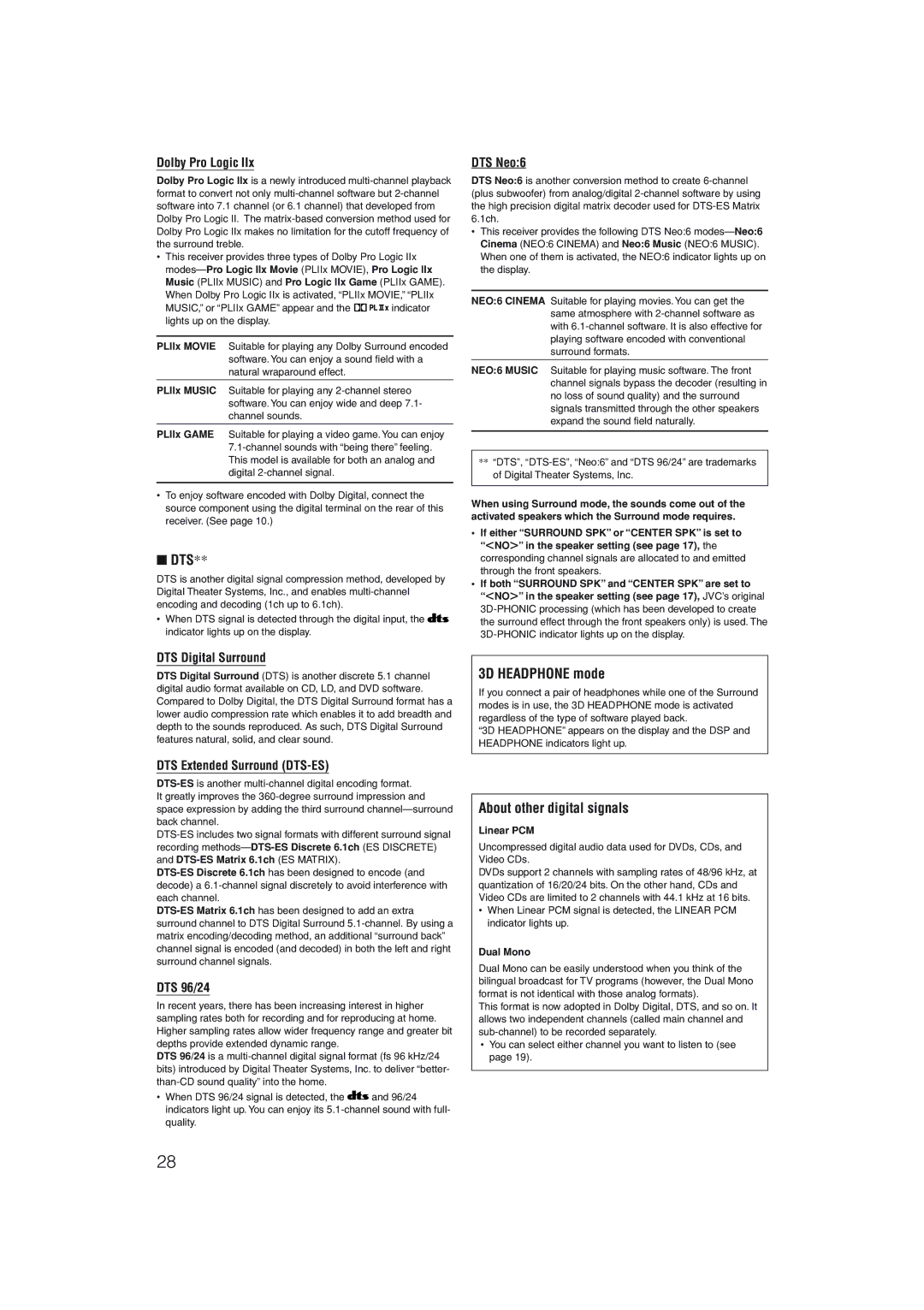 JVC RX-D206B, RX-D205S manual Dts, 3D Headphone mode, About other digital signals 