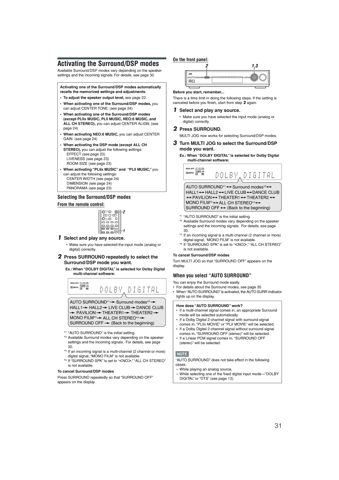 JVC RX-D205S, RX-D206B manual Selecting the Surround/DSP modes, When you select Auto Surround 