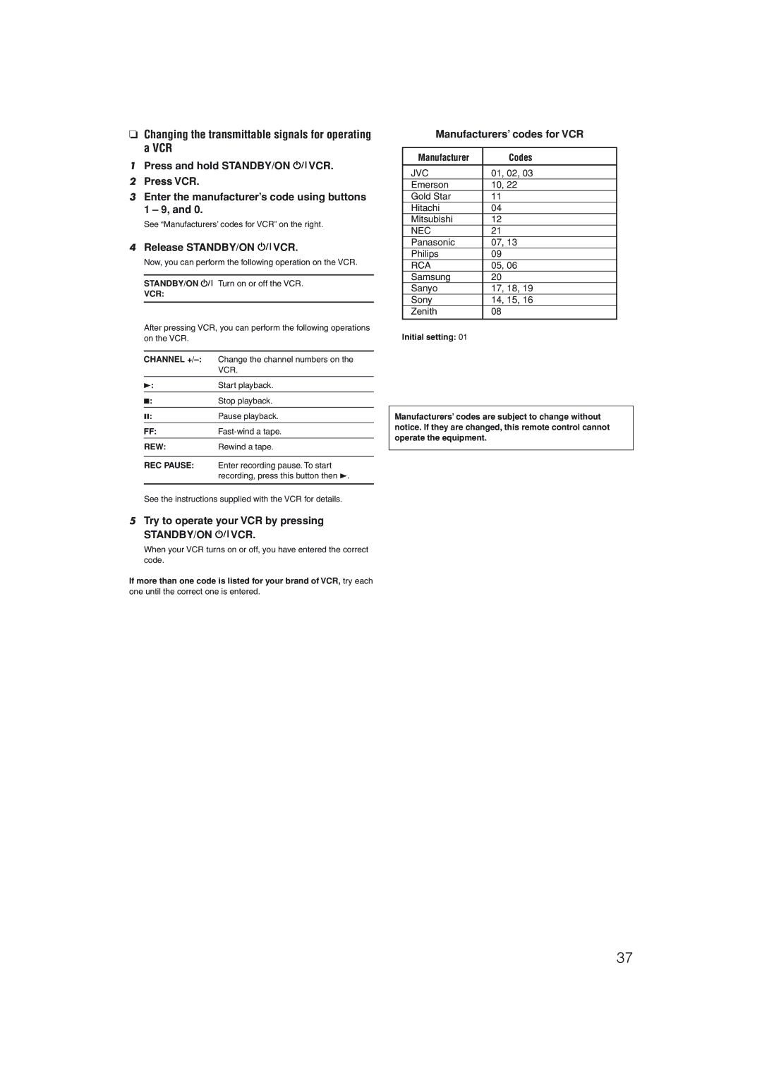 JVC RX-D205S Changing the transmittable signals for operating a VCR, Release STANDBY/ON VCR, Manufacturers’ codes for VCR 