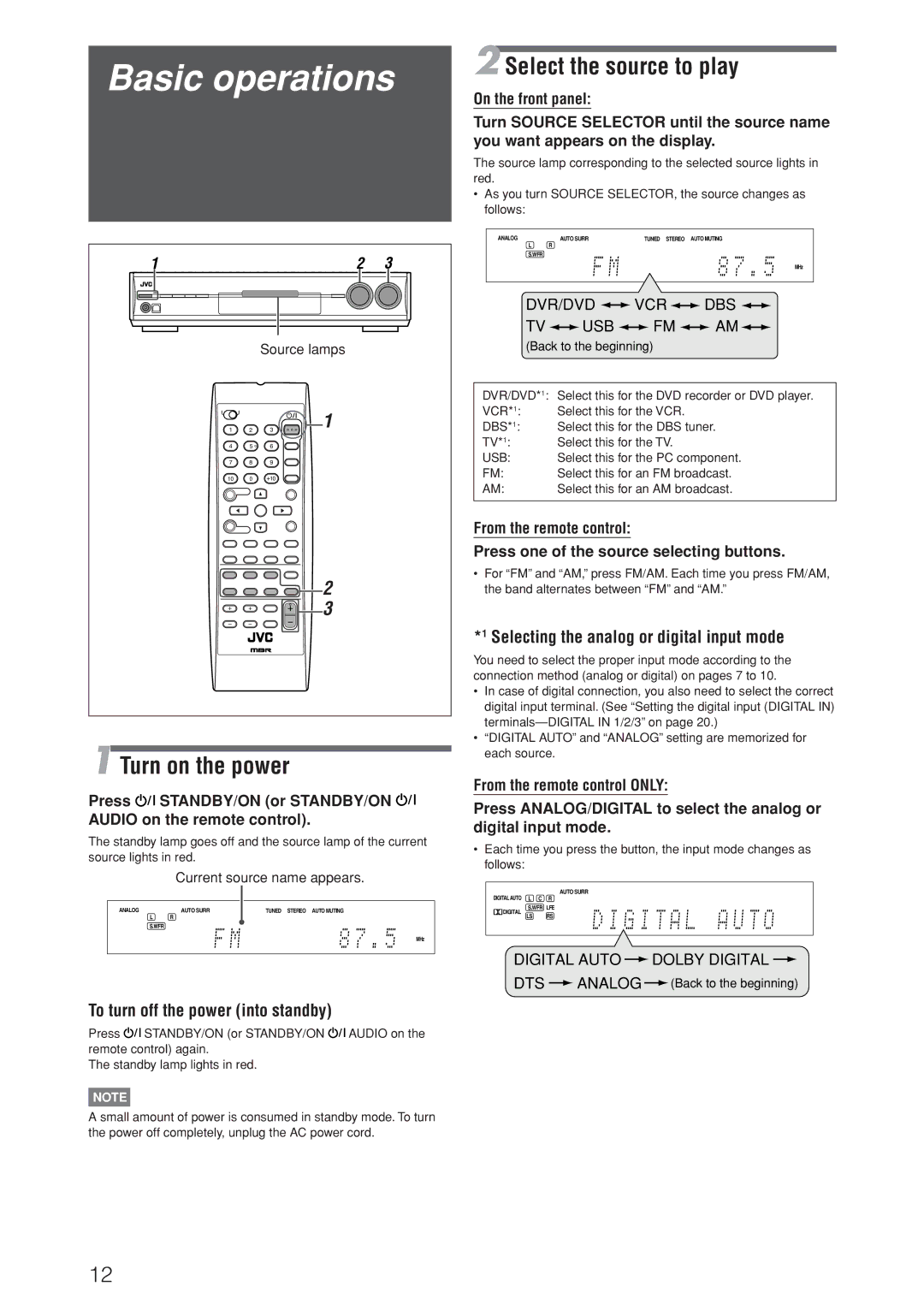 JVC RX-D206B Basic operations, Select the source to play, Turn on the power, Selecting the analog or digital input mode 