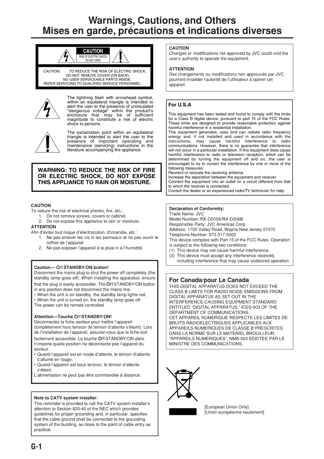 JVC RX-D206B, RX-D205S manual For Canada/pour Le Canada, Declaration of Conformity 